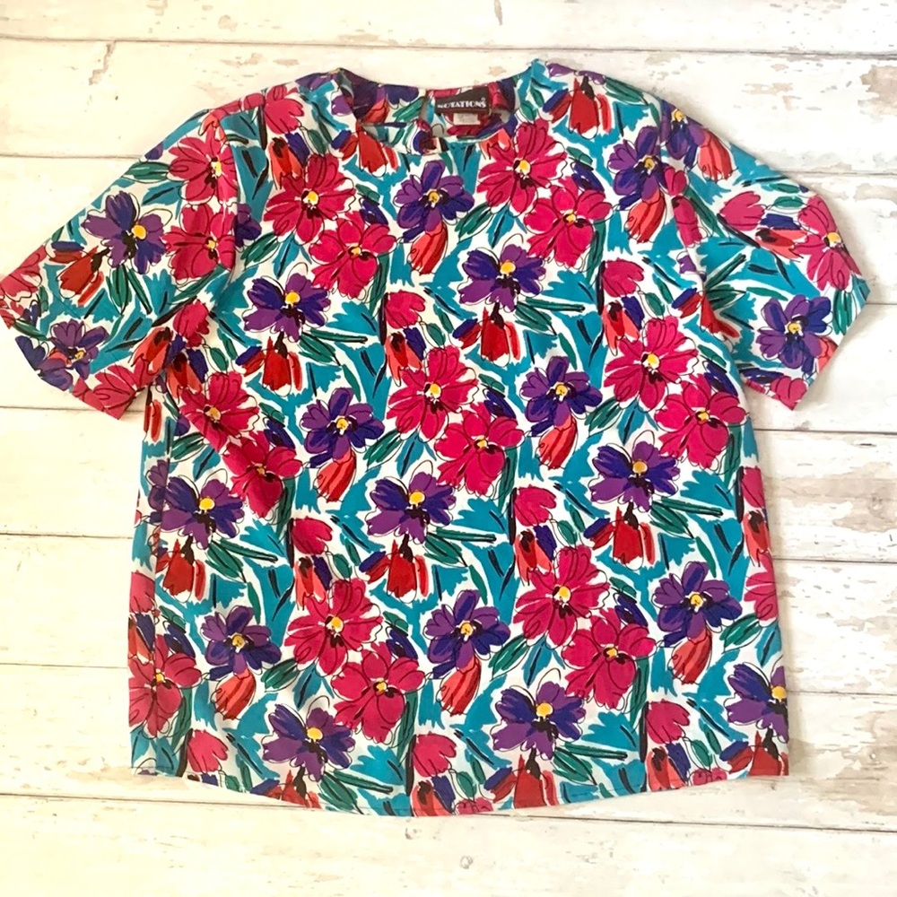 Women’s Size 14 Floral Top Notations Brand Pink Purple Blue Flowers Print Large